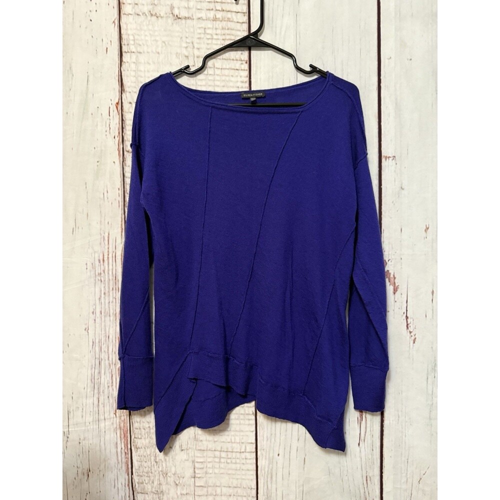 Eileen Fisher Merino Wool Asymmetric Classic Lagenlook Sweater Purple Size Small